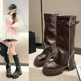 SHOPMOCHOWinter Women Biker Boots Fashion Belt Buckle Ladies Elegant Platform Long Pipe Booties Casual Women's Knee High Booties2025