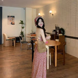 SHOPMOCHO-Red Plaid Off-Shoulder Summer Dress Women's Slim Fit Waist-Cinching Long Skirt V-neck Midi Dress Polyester Fiber Sleeveless
