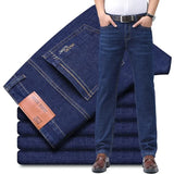 SHOPMOCHO Summer Light Blue Men's Comfort Soft Jeans Thin Straight Business Denim Pants Breathable Cotton Casual Stretch Work Trousers