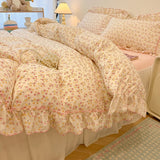 SHOPMOCHO 2/3Pc Korean Princess Style Floral Ruffles Bedding Set Single Queen Size Soft Skin-friendly Washed Cotton Duvet Cover Pillowcase