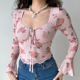 Shopmocho Women Floral Printed Sweet Holiday T-shirts Flare Sleeve Lace Up Chiffon Office Blouse Mesh Beach Tees Top Spring Summer