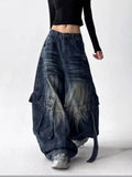 SHOPMOCHO 2025 American Retro Y2K Style Washed Distressed Blue Baggy Women's Cargo Jeans Pants For Woman Clothing Wide Leg Denim Trousers