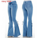Shopmocho Full Length Flare Pants Women Jean Washed Denim Pants Zipper Fly Loose Fit Pockets High Waist Basics Lace Up Vintage Solid