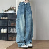 Shopmocho Women' Curved Straight Wide Leg Light Blue Jeans Young Girl Denim Trousers Vintage Street Style Bottoms Female High Waisted Pant