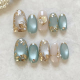 SHOPMOCHO 24pcs False Nails Glossy Green Summer Almond Fake Nail Tips Wearable Detachable Fashion Flower Print Press on Nails for Girl