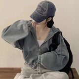 SHOPMOCHO Women's Short Denim Jacket Loose Long Sleeved Casual Fashion Fall  Retro Zipper Design Hoodie Outerwear Versatile Outwear