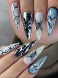 Shopmocho 24PCS Long Press On NailsStiletto Black Silver Bowknot Dissymmetry Fake Nails Powder Full Cover Fake Nail Set Nails Art