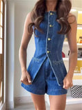 SHOPMOCHO- Summer Women's Denim Shorts Suit Sleeveless O-neck Single Breasted Split Top Vest High Waist Wide Leg Shorts 2025 Lady Sets