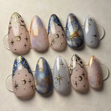 SHOPMOCHO 24pcs French Almond Press on Nails Blue False Nails Star Pattern Wearable Stick-on Nails Fake Nail Uñas Накладные Ногти 네일팁