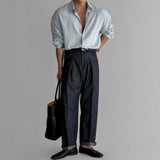 Shopmocho Men's Long Sleeve Casual Linen Striped Shirt Korean Style Lightweight Spring Summer Seasons Blue Color Thin Fabric No Ironing