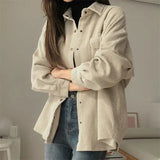 Shopmocho Women's Corduroy Shirt Spring Autumn New Style Vintage Hong Kong Flavor Mid-Length Versatile Loose Striped Outerwear