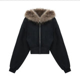SHOPMOCHO Black Fur Collar Zipper Sweatshirt Simple Fashion Furry Collar Zipper Hooded Sweatshirt Vintage Y2k Zipper Hooded Sweatshirt
