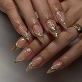 SHOPMOCHO 24Pc Green Cat Eye French Fake Nails with 3D Metal Line Sun Press on Nails Wearable Short Almond Artificial Nail Full Cover Nail