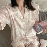 SHOPMOCHO Women's 2pcs Cute Print Short Sleeve Button Top and Shorts Pink Sleepwear Soft Comfy Homewear Casual Loungewear Pajama Set