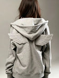 SHOPMOCHO Women Fashion Grey Angel Wing Embroidered Hoodie Zipper Kawaii Pullover Sweatshirt Wing Y2K Streetwear Goth 2000s Alt Clothes