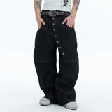 SHOPMOCHO Korean High Street Buckle Curved Jeans Autumn Men'S Loose Straight Leg Pants Black Wide Leg Pants Casual Pants Hip-Hop Pants