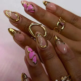 SHOPMOCHO 24Pcs Pink Almond False Nails Butterfly Ballet with French Design Wearable Fake Nails Simple Artificial Press on Nails Tips Art