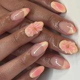 Shopmocho Pink Yellow Halo Dyeing Flower Water Ripple Summer False Nails Leopard Long Pointed Fake Nails Art Press on Nails Charm Manicure