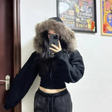 SHOPMOCHO Black Fur Collar Zipper Sweatshirt Simple Fashion Furry Collar Zipper Hooded Sweatshirt Vintage Y2k Zipper Hooded Sweatshirt