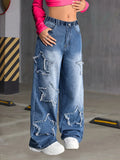 SHOPMOCHO Girl's Y2K New Five-Star Patch Trendy Straight-Leg Jeans, Elastic Waist, Comfortable Fabric, Suitable for All Seasons to Wear.