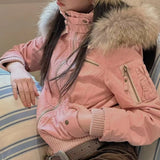 SHOPMOCHO Women American Retro Fur Collar Hooded Thick Padded Jacket 2026 New Slim Fit Short Coat Autumn Winter Cotton‑Padded