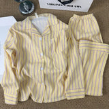 SHOPMOCHO Korean-Style Simple Striped Pajamas for Women, New Spring and Summer Loose Lazy Long-Sleeve and Long Pants Homewear Set