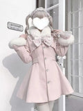 SHOPMOCHO Winter Design Fashion Elegant Pink Slim Woolen Cloth Coat Women Kawaii Sweet Warm Fur Collar Bow Lace Patchwork Casual Overcoat