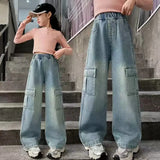 SHOPMOCHO Girls Cargo Jeans Kids Wide-legged Denim Pants Teenagers Fashion Streetwear Loose Trousers Children Casual Clothes 5-12Y