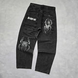 SHOPMOCHO Hip Hop Gothic Retro Spider Pattern Embroidery Baggy Jeans Y2k America Trendy Punk Mens Straight Wide Leg Denim Pants Black Jean