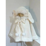 SHOPMOCHO Winter New Lolita Shawl Overcoat Women Design Bow Hooded Patchwork Kawaii Cope Coat Female Warm Chic Sweet Christmas Coat
