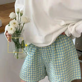 Shopmocho Summer Loose Plaid Shorts Women Ins Style Shorts High Waist Slimming Wide Legs Casual Home Pants Outdoor Wearing Walking Shorts