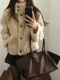 SHOPMOCHO American Fashion Loose Short Lamb Wool Jacket Fashion High Street Lambswool Jacket Winter Coat Women Jackets for Women
