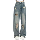 Shopmocho American Vintage Hole Y2k Women Jeans High Waist Jeans Wide Leg Baggy Loose Straight Hip Hop Streetwear Dragging Denim Pants