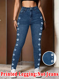 SHOPMOCHO Fashion Women Faux Denim Printed Skinny Pants, High Elastic Seamless Fake Pocket Casual Sports Long Leggings