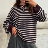 Shopmocho y2k Vintage Rib Knitted Striped Collared Sweater Loose Long Sleeve Pullover Knit Tops Casual Winter Autumn 2025 Sweatirt Clothes