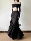 SHOPMOCHO Y2k Spicy Girl Skirts Solid Color Lace Patchwork Draw String Irregular Long Skirt Harajuku Design Streetwear Women's Clothing