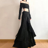 SHOPMOCHO Y2K Black Long Skirt Women Harajuku Gothic Lace Asymmetrical Maxi Skirts Summer Korean Ruffles Patchwork Bandage Design Faldas