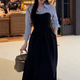 Shopmocho New Arrival Women's Fashion Two-piece Illusionshirt Black Long Sleeve Dress High-end Feel Matching Set