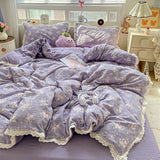 SHOPMOCHO Puple Flower Printed Duvet Cover with Lace Double-layered Yarn housse de couette 220x240 Single/Queen/King Size Comforter Cover
