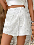 Shopmocho Plus size ladies elegant white shorts flared hem non-elastic culottes hand washable four seasons casual wear lace texture