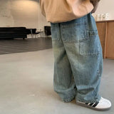 SHOPMOCHO Children's Retro Jeans Loose Straight Pants Wide Leg Pants for Boys and Girls 2025 New Spring Autumn Kid's Denim Pocket Trousers