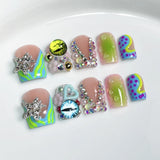 Shopmocho 10pcs Gradient Blue Summer Fake Nails Glossy Cat's Eye 3D Flower Shiny Diamond Press On Nail Blush Duckbill Handmade False Nail