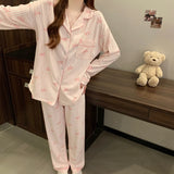 SHOPMOCHO Pink Bow Tie Design Pajamas for Women Long Sleeve Top & Elastic Waist Pants Pajamas Set Harajuku Style Casual New Home Wear