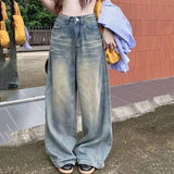 Shopmocho Spring Autumn Vintage Chicly Button Jeans Women American Simple Baggy High Waisted Denim Pants Washed Y2K Wide Leg Jean Trousers