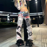 Shopmocho Y2K High Street Retro Graffiti Printed Baggy Jeans Women Streetwear Hip Hop Loose Japanese Millennium Casual Straight Jeans