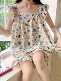 SHOPMOCHO Allover Cartoon Print Lounge Set Ladies Summer Cute Ruffle Sleeve Square Neck Top & Shorts Kawaii Women's Loungewear Summer
