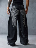 Shopmocho Y2K Men Black Trend Dressing Up Korean Style Simple Baggy Angel Printed Jeans 2025 Fashion Necessary Solid Retro Straight Pants