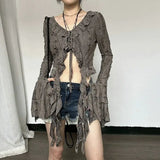 SHOPMOCHO Deeptown Vintage Fairycore Women Blouses Elegant Flare Sleeve Ruffle Tops Sexy Lace Up Shirts Hollow Out Aesthetic Crop Cardigan