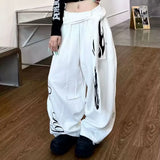 SHOPMOCHO American Retro Flame Letter Print Detachable Strap Scimitar Pants Jazz Casual Hip-Hop Loose Wide-Leg Fashion Jogging Sweatpants