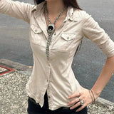 SHOPMOCHO Half Sleeve Button Up Shirts for Woman Clothing Japanese 2000s Style Y2k Tops Harajuku Fashion Blouse